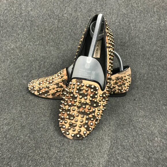 STEVE MADDEN Studly Flats Leather Gold Studs Animal Print Loafer Women's Size 8 - Picture 1 of 7